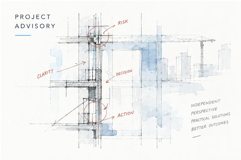 Watercolour sketch of a structural section marked up for risk, clarity, decision and action